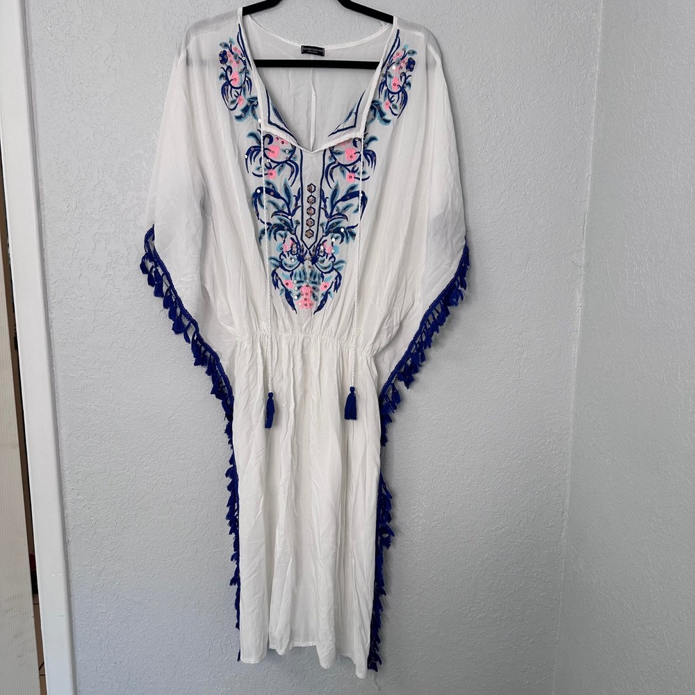 Power Flower Moda‎ Mare White Embroidered Kaftan Tassel Beach Coverup Dress OS